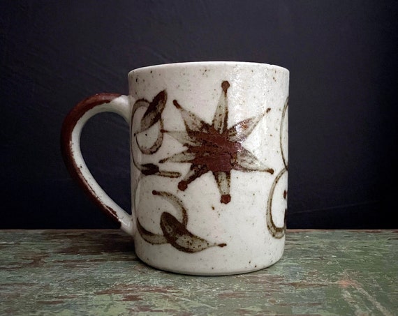 Vintage Mug Earthenware Speckled Grey Brown Blue Floral Hand Painted Pottery Coffee Cup with Handle 1970s Stoneware Mug Painterly