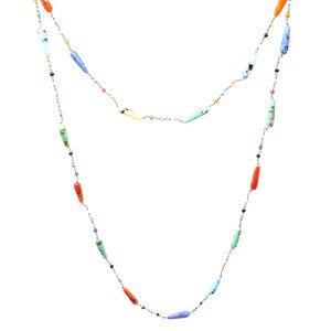 May include: A long silver chain necklace with colorful glass beads. The beads are shaped like teardrops and have a variety of patterns and colors, including red, orange, yellow, green, blue, and turquoise.