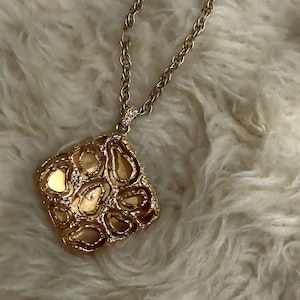 Vintage Huge Necklace Gold Toned Square Brutalist Modern Jewelry Long Chain Necklace 3 Dimensional Large Pendant Mid Century Costume Jewelry