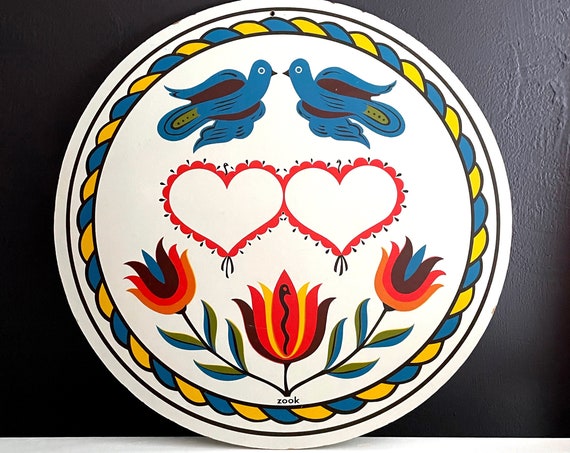 Vintage Hex Sign Jacob Zook Marriage Blessing Sign 16" Pennsylvania Dutch Folk Art Symbol Blue Bird Hearts Red Tulip Good Luck Marriage Gift