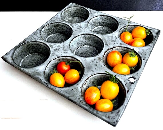 Antique Graniteware Muffin Tin Enameled Steel Speckled Gray Blue 9 Cup Haberman Rustic Farmhouse Early 1900s Enamelware Muffin Tin Cupcake