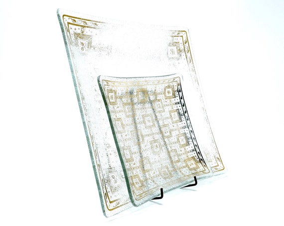 Vintage Georges Briard Trays Glass Gold Leaf and Floral Design 1960s Set of Two Square Dishes Mid Century Serving Textured Glass Raised Edge