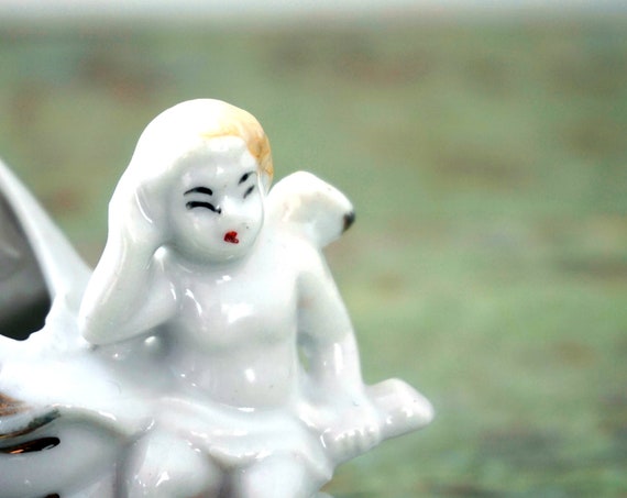 Vintage Cherub with Shell Ceramic Tiny Vase White with Gold Blonde Cupid Figurine Nautical Cherub Valentine's Day