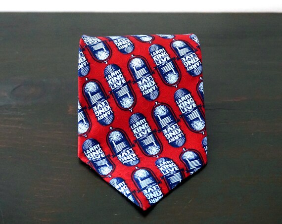 Vintage Larry King Live Tie Silk Burgundy Blue Microphone Logo Graphic Repeating Print Wide Silk Necktie Famous Interviewer Rare Find