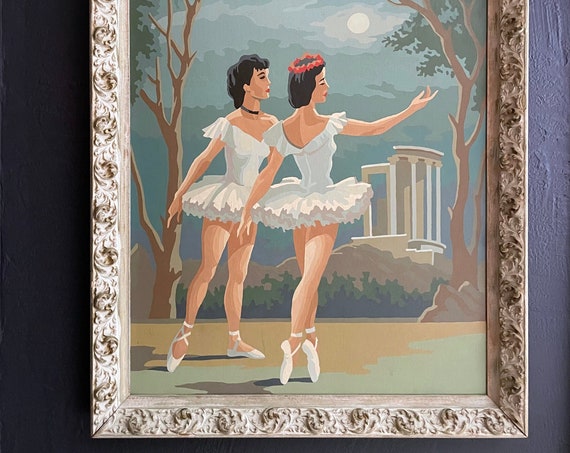 Vintage Painting Ballerina Paint By Number Framed Ballerinas Dance in Moonlight Artwork Ornate White Gold Frame Hollywood Regency Ballet Art