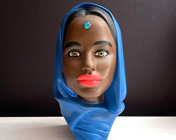Vintage Bust Sikh Woman with Bindi Ceramic Painted Head Blue Chunni Head Scarf India Punjab Mid Century Pottery From Mold Possibly Marwal