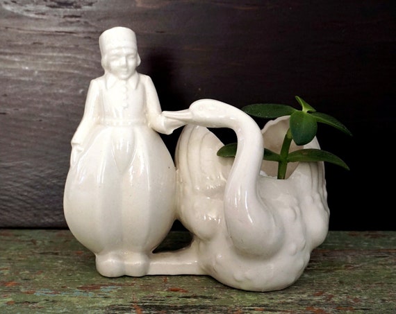 Vintage Swan Planter with Dutchman Rare Porcelain Ivory Small Windowsill Novelty Plant Pot Trinket Dish Dutch Boy Bird Holland Theme Japan