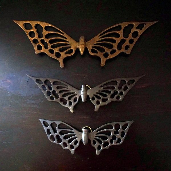 Vintage Brass Butterflies Wall Hanging Set of 3 Sizes Cut Out Metal Butterfly Graduated Sizes Family Dad Mom Baby Wall Decor 1970s Monarchs