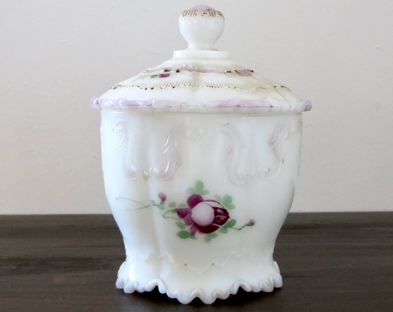 Antique Dithridge Sugar Bowl with Lid Astoria Rose Pattern 1900s Pressed Glass Hand Painted Pink