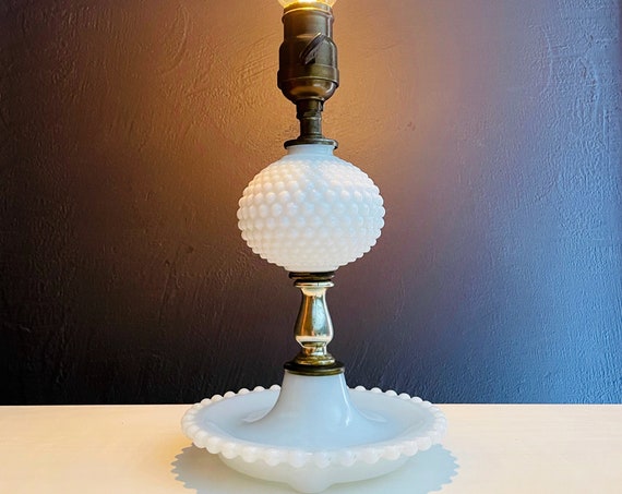 Vintage Lamp Milk Glass White Hobnail Light Small Bedside Table Lamp Vanity Lighting No Shade Working Original Wiring