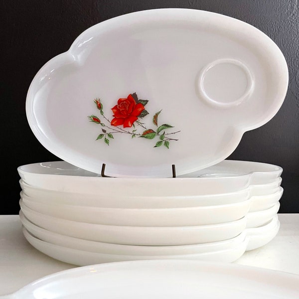 Vintage Rosecrest Snack Set Single Plate Federal Glass Oblong Plates Openstock Milk Glass White and Red Luncheon Sets PLATE ONLY 4 Available