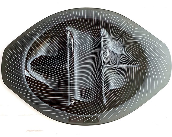 Vintage Lausitzer Glas Kristall 60s Op Art Serving Tray Glass Smokey Black White Striations Oval Sectioned Snack Tray Bent Glass Handles MCM