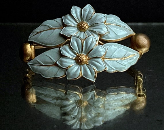 Vintage Bracelet Blue Floral Art Nouveau Bracelet Gold Tone Metal Aqua Enamel on Brass Double Flower Face Linked w/ Bands for a Small Wrist