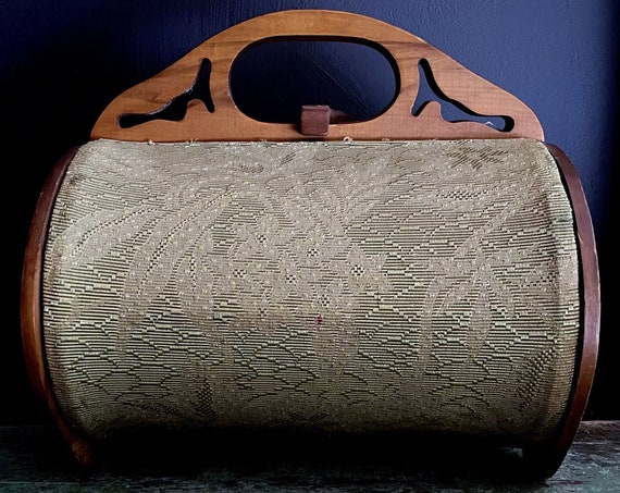 Vintage Large Purse Wood Handle Frame Handbag Barrel Shape Taupe Brocade Fabric Handmade Bag OOAK Pocketboot Khaki