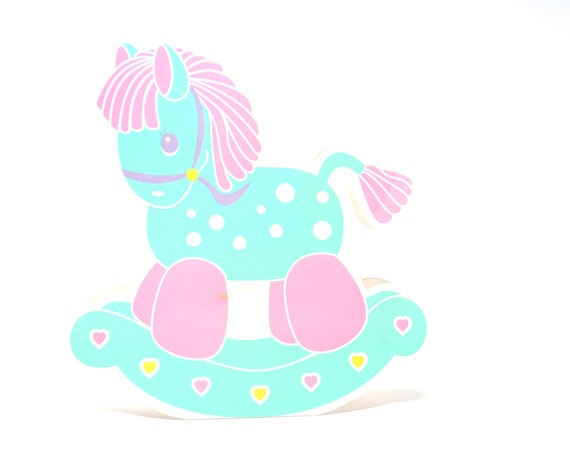 Vintage Baby Shower Decor Paper Rocking Horse Standing Tabletop Party Decoration 80s Sea Green Pink Pastel Colors It's a Girl or Boy Gender