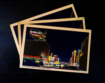 Vintage Postcard Reno Nevada Club Row Virginia Street at Night Neon Lights Harrahs Photograph 1940s Unused Post Card Colourpicture Americana