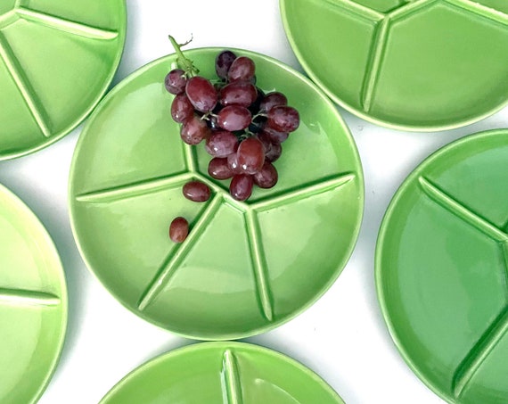 Vintage Fondue Plates Bright Green Set of 6 Divided Dishes 8" Plate Ceramic 5 Sections Fondue Serving Dish Glazed Lime Green 70s Dinnerware