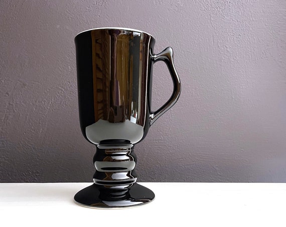 Vintage Black Mug Irish Coffee Handled Cup Pottery Hall Pedestal Mug Footed Base Glazed Black White Interior Ceramic Fancy Mug Toddy