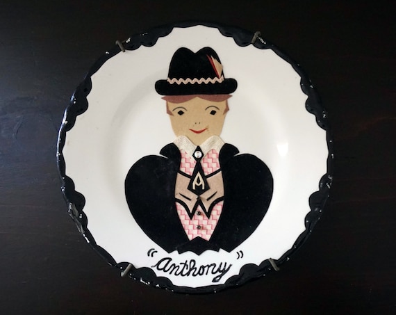 Vintage Decorative Plate Anthony Appliqué Boy in Fedora Black Velvet Felt Beads Glued To White Porcelain Dish Black Scalloped Painted Rim