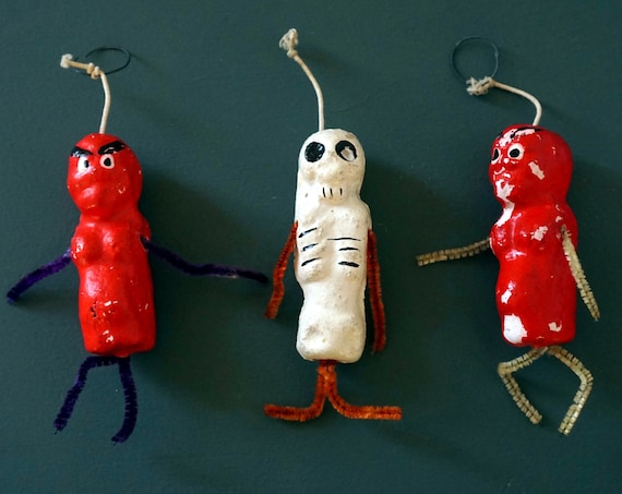 Vintage Paper Maché Skeleton and Devil Figurines Pipe Cleaner Legs Painted Pre-1960s Rare Halloween Ornaments Spooky Japanese Voo Doo Dolls