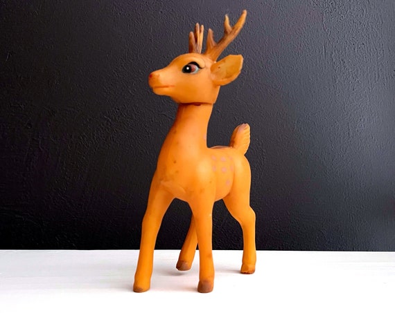 Vintage Reindeer Decoration Rubber Doe Christmas Deer Standing Figurine Movable Head Deer with Antlers Buck Made in Japan '60s Holiday Decor