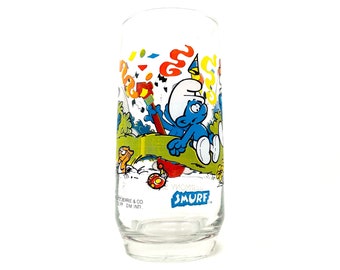 Vintage Glass Smurfs Collector Cup Harmony Smurf 1983 Peyo Tumbler 1980s Cartoon Classic Collectible Glass 80s Kids Show