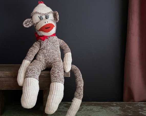 Vintage Sock Monkey Button Eyes Handmade Monkey Doll Classic Stuffed Animal Hand Stitched Eyelashes Pom Pom Hat Bow Red Heeled Sock Friend