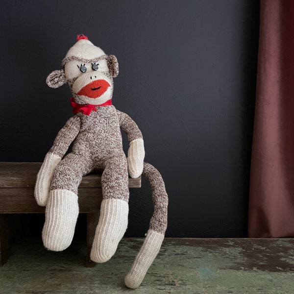 Vintage Sock Monkey Button Eyes Handmade Monkey Doll Classic Stuffed Animal Hand Stitched Eyelashes Pom Pom Hat Bow Red Heeled Sock Friend