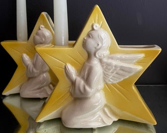 Vintage Angel Star Candle Holders Yellow Ceramic Vase Pair Star Shaped Taper Holder White Praying Angels by Royal Copley Planter Christmas