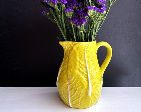 Vintage Pitcher Yellow Cabbage Leaf Secla Portugal Majolica Water Pitcher 7.5" Rare Pottery Portuguese Dinnerware 1960s Bright Yellow Vase