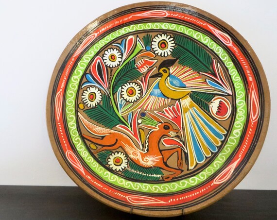 Vintage Mexican Plate Bird Deer Floral Motif Pottery 1970s Orange Green Mexico Pottery Folk Art