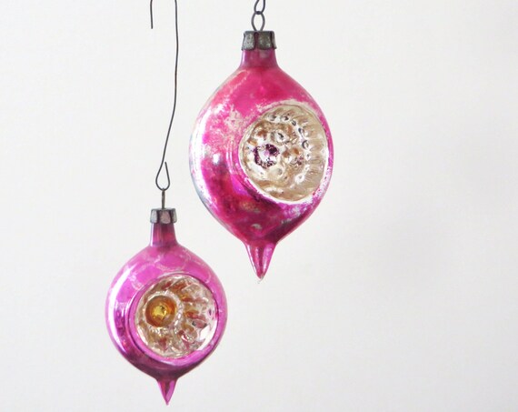 Vintage Pink Ornaments Polish Glass Balls Set of 2 Christmas 1930s Rare Indent Balls Fuschia Green Silvered Hand painted