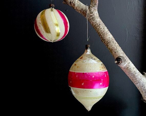 Antique Ornaments Mercury Glass Balls Distressed Shabby Silver Pink Gold Silvered Balls Swirl & Striped Oblong Ornament Hot Pink Christmas