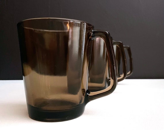 Vintage Pyrex Mugs Brown Glass Set of 3 70s Corning Pyrex Fireside Mug D Handle 1400 Smokey Brown Clear Glass Oven Proof Handled Coffee Cup