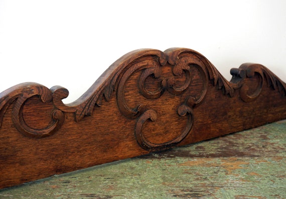 Antique Wood Trim Pediment Hand Carved Salvaged Ornamental Solid Hardwood Oak or Walnut Stain Classical Style Door Top Window Topper Armoire