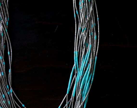 Vintage Liquid Silver Necklace Turquoise Heishi 20 Strands Silver Beaded Necklace Graduated Length Turquoise Stone Beads Southwestern Native
