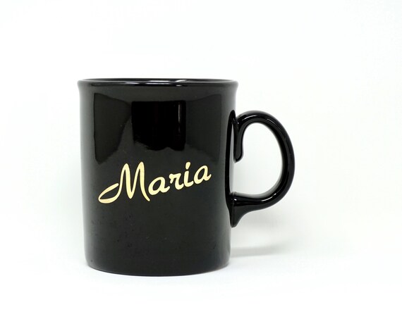 Vintage Maria Mug Black Glazed Ceramic Metallic Gold Name Maria Personalized 1980s Coffee Mug Made In England Tea Mug Coffee Cup with Handle