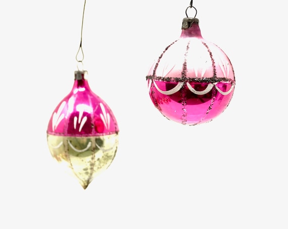 Vintage Christmas Ornaments Pink Small Glass Ball Hand Painted Foiled Magenta Gold Teardrop Bulb White Paint Made in Poland 1950s Tree Trim