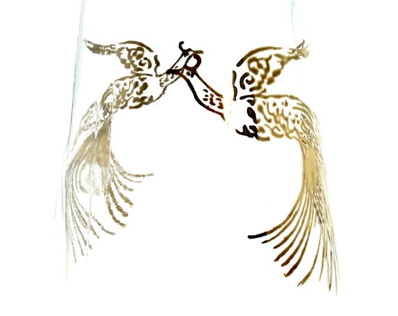 Vintage Decanter Glass Gold Bird Design Peacock Bottle 60s Small Decanter with Clear Plastic Gold Flecked Stopper Marked W Hollywood Regency