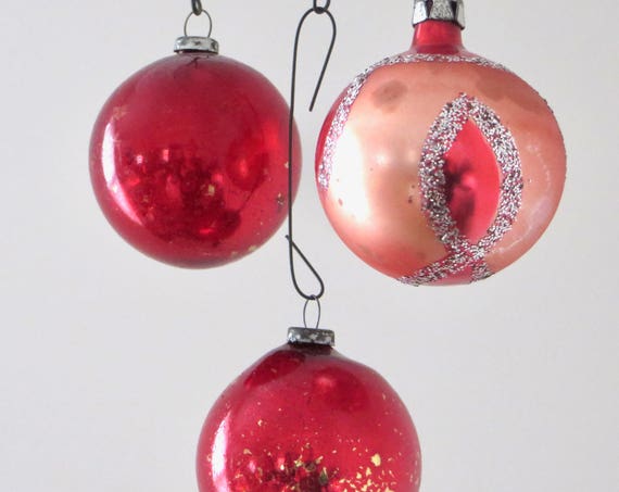 Vintage Red Glass Ornaments Japan Orange Silver Glitter Ball Poland Set of Three