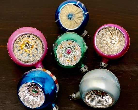 Vintage Polish Ornaments Indent Balls 40s Silvered Multicolor Glass Ball Set of 6 Pink Blue Green Silver Interiors Hand Painted Stripes Dots