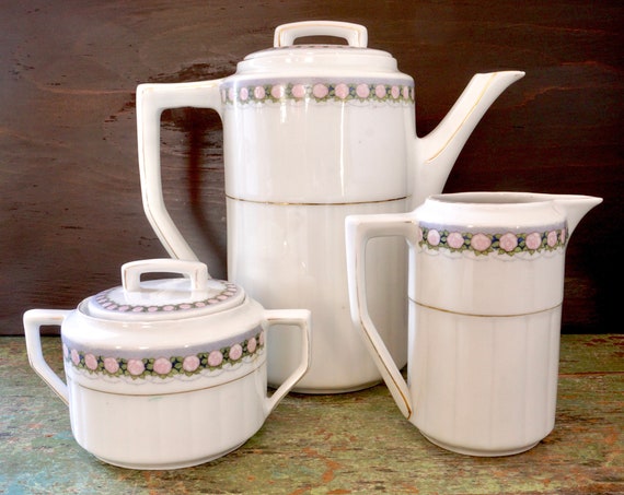 Vintage Art Nouveau Coffee pot Creamer Sugar Bowl Set 20s White Porcelain Pale Pink Rose Grey Gold Band Tall Teapot Serving Set Marked Schol