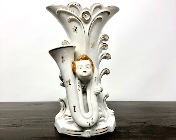 Vintage Cherub Vase Gold on White Porcelain A Golden Haired Boy Pokes His Head Through Instrument Bassoon Tuba Vase Double Bud Vase Unique