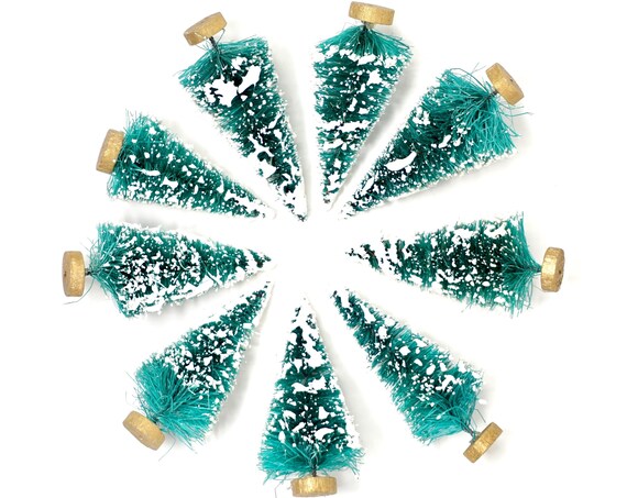 Vintage Bottlebrush Trees Snow Capped Tiny Pines Bottle Brush Christmas Trees Set of 8 Green White Snowy Branches Wood Bases Holiday Scene