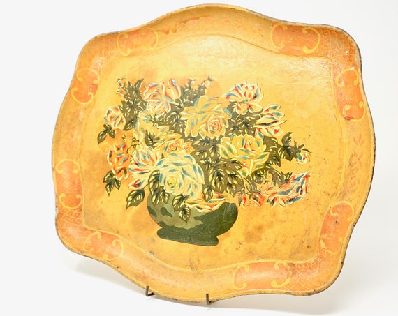 Vintage Tray Paper Maché Floral Serving Tray 1950s Florentine Style Rectangular Tray Brown Hand Painted Vase of Roses Japan Alcohol Proof