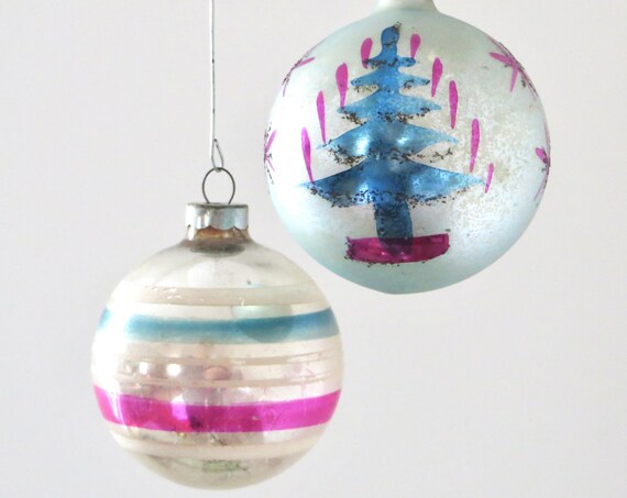 Vintage Christmas Ball Set Pink Aqua 1930s Painted Polish Tree Ball Stripe Silvered Ball Ornament