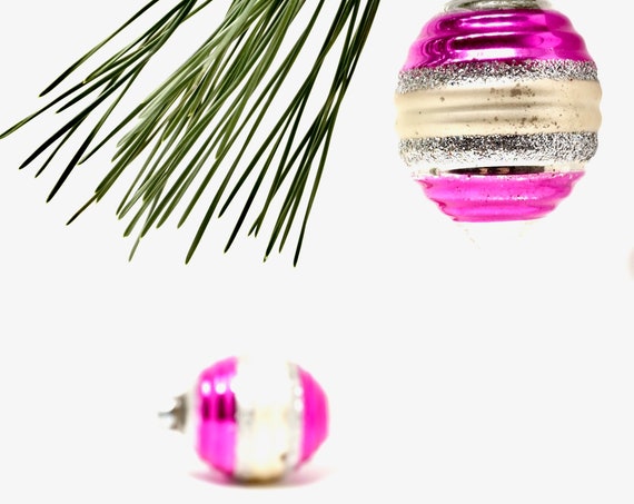Vintage Ornaments Magenta Pink Christmas Silvered Glass Teardrop Balls Ribbed Silvered Striped Silver Glitter 1960s Tree Trim Pair Fuschia