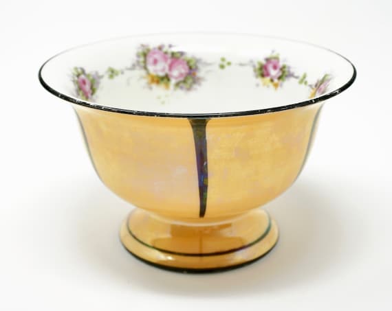Vintage Noritake Morimura Peach Luster Urn Shaped Footed Bowl with Black Stripe Floral Interior Deco Era 1920s
