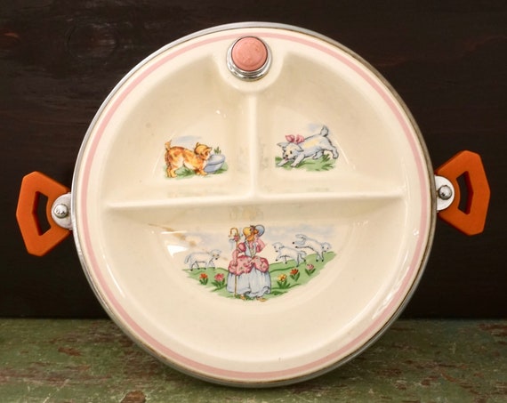 Vintage Baby Bowl 40s Little Bo Peep Divided Babies Dish Warming Bartsch Chrome Ceramic Off White Orange Bakelite Handles Knob Nursery Rhyme