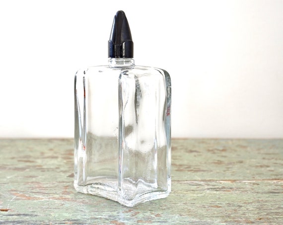 Vintage Perfume Bottle Art Deco Black Cap Square Angular Small Bottle Screw On Cap Deco Style 1930s Glass Plastic Pointed Cap